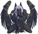  5_fingers anthro archery_(artist) black_nose canine clothed clothing feathered_wings feathers fur glowing glowing_eyes grey_feathers grey_fur hair kneeling male mammal midriff muscular muscular_male navel simple_background solo topless white_hair wings wolf 