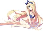  arm_support bad_id bad_pixiv_id bare_legs bare_shoulders barefoot bikini blonde_hair blue_bikini blue_eyes blush breasts cleavage collarbone commentary_request frilled_bikini frills hair_over_one_eye hair_ribbon hairband large_breasts leaning_forward long_hair looking_at_viewer navel pandora_(p&amp;d) puzzle_&amp;_dragons ribbon side-tie_bikini simple_background sitting solo swimsuit very_long_hair zeroshiki_kouichi 