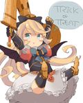  :o bad_id bad_twitter_id bat_wings black_bow blonde_hair blue_eyes blush bow charlotta_fenia crown dress fake_wings frilled_dress frills granblue_fantasy hair_bow halloween halloween_costume harvin highres holding holding_sword holding_weapon jack-o'-lantern long_hair mini_wings open_mouth pumpkin seedflare simple_background solo speech_bubble sword trick_or_treat v-shaped_eyebrows weapon white_background wings 