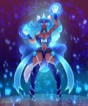  2016 animal_humanoid big_breasts blue_eyes blue_lips boots bracelet breasts cleavage clothed clothing dark_skin dress equine equine_humanoid female footwear fur glowing high_heeled_boots high_heels horn humanoid jewelry legwear lips looking_up magic mammal navel necklace pastelletta solo standing thigh_high_boots white_fur wide_hips 