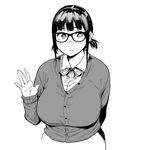  blush breasts fukumaaya glasses greyscale large_breasts long_sleeves monochrome original short_hair short_twintails simple_background sleeves_past_wrists smile solo sweater_vest twintails upper_body white_background 