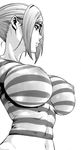  female hiramoto_akira huge_breasts impossible_clothes megane monochrome nipples prison_school shiraki_meiko striped_shirt tagme tight_clothes 