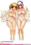  2girls :d absurdres bikini blonde_hair blush breasts cleavage dated front-tie_top full_body guitar headphones high_heels highres huge_breasts instrument jewelry large_breasts long_hair looking_at_viewer multiple_girls navel necklace nitroplus no_socks open_mouth orange_eyes pink_hair plump red_eyes shoes short_hair short_twintails side-tie_bikini signature smile standing star super_pochaco super_sonico swimsuit thick_thighs thighs tsuji_santa twintails v white_swimsuit wide_hips 