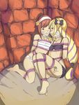  2girls blonde_hair blush bondage bra breasts brown_eyes cleave_gag dragon_burst elise_(fire_emblem_if) fire_emblem fire_emblem_if long_hair multiple_girls purple_eyes red_hair sakura_(fire_emblem_if) sarashi short_hair sitting small_breasts 