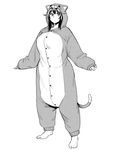  animal_costume bangs breasts buttons cat_costume fukumaaya full_body greyscale large_breasts long_hair long_sleeves monochrome simple_background sleeves_past_wrists solo standing white_background 
