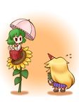  ascot blonde_hair blush_stickers cactus chibi commentary_request cuffs flower geta gradient gradient_background green_hair holding horn hoshiguma_yuugi kazami_yuuka long_hair long_sleeves looking_at_another multiple_girls nushin_(nishin-dou) plaid plaid_skirt plaid_vest plant potted_plant shackles short_hair sitting skirt solid_oval_eyes sunflower sweatdrop touhou two-tone_background umbrella vest wing_collar 