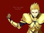  armor artist_request blonde_hair character_name copyright_name fate/stay_night fate_(series) gilgamesh male_focus red_eyes smile smug solo 