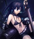  arm_cannon bikini_top black_hair black_rock_shooter black_rock_shooter_(character) blue_eyes chain flat_chest highres long_hair midriff navel nfb-zmc scar short_shorts shorts solo star sword weapon zipper 