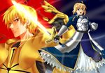  1girl armor armored_dress artoria_pendragon_(all) blonde_hair excalibur fate/stay_night fate_(series) gate_of_babylon gilgamesh glowing glowing_sword glowing_weapon green_eyes highres red_eyes ryou_(pixiv779953) saber sword weapon 