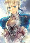  absurdres armor armored_dress artoria_pendragon_(all) blonde_hair blood blue_eyes dress fate/stay_night fate_(series) gauntlets highres kasu_(pixiv108801) looking_at_viewer looking_down saber smile solo tears 