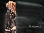  ass back back-seamed_legwear bdsm breasts brown_hair covered_nipples cuffs dille_blood dlsite.com from_behind hairband handcuffs highres medium_breasts nape refeia seamed_legwear shirt shirt_pull skindentation solo thighhighs twintails wallpaper 