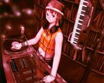  abe_yoshitoshi animal_ears bear_ears bear_hat bottle bracelet brown_eyes brown_hair dj hair_ornament hairclip hat headphones headphones_around_neck instrument iwakura_lain jewelry keyboard_(instrument) midriff mixing_console necklace official_art phonograph ring serial_experiments_lain solo turntable 
