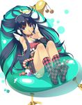  bare_shoulders bell black_hair blue_eyes candy candy_cane checkered checkered_legwear fake_halo feet finger_to_mouth food halo hands highres legs long_hair original sitting smile socks solo vofan wall-eyed 