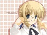  2004 adjusting_eyewear ahoge aqua_eyes artist_name artoria_pendragon_(all) bespectacled blonde_hair blouse character_name copyright_name dated fate/stay_night fate_(series) glasses ikegami_akane long_sleeves saber solo 