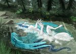  2016 blue_feathers blue_scales digital_media_(artwork) dragon feathered_wings feathers female feral forrest ice itaris lying outside presenting pussy river scales solo spread_legs spreading summer touge_out velannal water white_body white_skin wings 