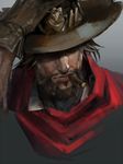  beard brown_gloves brown_hair brown_hat cape cigar cowboy_hat facial_hair gloves gradient gradient_background grey_background gun hand_on_headwear handgun hat hat_over_eyes male_focus mccree_(overwatch) mouth_hold overwatch sae_(revirth) shade solo upper_body weapon 