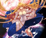  ahoge archetype_earth arcueid_brunestud bare_shoulders blonde_hair breasts bridal_gauntlets cleavage collarbone dress earth highres large_breasts long_hair melty_blood moon omimomimo pleated_dress red_eyes shoes smile solo tsukihime very_long_hair 