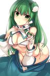  bare_shoulders bikini breast_press breasts detached_collar detached_sleeves frog_hair_ornament green_eyes green_hair hair_between_eyes hair_ornament hand_on_own_chest highres janne_cherry kochiya_sanae large_breasts leaning_forward long_hair looking_at_viewer micro_bikini navel side-tie_bikini skirt skirt_pull snake_hair_ornament solo swimsuit touhou triangle_mouth underboob undressing white_bikini 