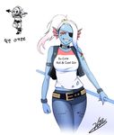  1girl bare_shoulders belt blonde_hair blue_skin breasts choker cosplay dc_comics eyepatch fish_girl gills harley_quinn harley_quinn_(cosplay) high_heel_boots sharp_teeth short_hair shorts solo spear suicide_squad undertale undyne 