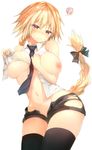  bangs bare_arms between_breasts black_bow black_neckwear black_shorts blonde_hair bow braid breasts closed_mouth collared_shirt cowboy_shot dress_shirt eyebrows eyebrows_visible_through_hair fate/apocrypha fate/grand_order fate_(series) frown groin hand_between_breasts head_tilt jeanne_d'arc_(fate) jeanne_d'arc_(fate)_(all) large_breasts lifted_by_self long_hair looking_at_viewer navel necktie nipples no_bra one_breast_out open_fly red_eyes shirt shirt_lift short_shorts shorts simple_background single_braid sleeveless sleeveless_shirt solo squiggle stomach sune_(mugendai) thighhighs tight_shirt torn_clothes torn_shirt torn_shorts underboob very_long_hair white_background white_shirt yellow_eyes 