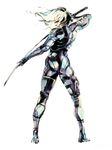  1boy absurdres androgynous arm_up ass blonde_hair bodysuit elbow_pads from_behind full_body legs_apart male_focus metal_gear_(series) metal_gear_solid_2 official_art parted_lips profile raiden shinkawa_youji simple_background solo sword thigh_strap turtleneck weapon white_background 
