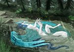  2016 blue_feathers blue_scales digital_media_(artwork) dragon feathered_wings feathers female feral forrest itaris lying outside presenting pussy river scales solo spread_legs spreading summer touge_out velannal water white_body white_skin wings 
