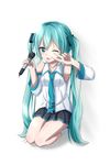  ;d akira_(been0328) black_skirt blue_eyes blue_hair blue_neckwear detached_sleeves eyebrows_visible_through_hair full_body hair_between_eyes hair_ornament hatsune_miku highres holding holding_microphone kneehighs long_hair looking_at_viewer microphone miniskirt necktie one_eye_closed open_mouth pleated_skirt shirt skirt sleeveless sleeveless_shirt smile solo twintails v very_long_hair vocaloid white_legwear white_shirt 