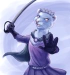  anthro brooch cape clothed clothing crown draegwolf dress fangs female ferret fur gloves looking_at_viewer mammal melee_weapon mustelid open_mouth pink_eyes princess princess_kurda purple_theme redwall royalty solo sword weapon white_fur 
