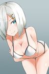  aqua_eyes bikini breast_hold breasts cleavage comah hair_ornament hair_over_one_eye hairclip hamakaze_(kantai_collection) kantai_collection large_breasts leaning_forward looking_at_viewer navel short_hair silver_hair simple_background smile solo swimsuit 