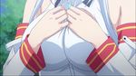  animated animated_gif bounce bouncing_breasts breasts cleavage clothes huge_breasts long_hair masou_gakuen_hxh undressing white_hair 