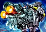  90s arm_cannon banana beast_wars cannon food fruit glowing glowing_eyes gorilla hands holding holding_food holding_fruit kamizono_(spookyhouse) machinery maximal mecha no_humans oldschool open_mouth optimus_primal red_eyes robot science_fiction solo teeth transformers upper_body weapon 