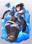  ^_^ animal bag bangs beads belt_pouch bird black-framed_eyewear blue_gloves boots bowl breasts brown_footwear brown_hair closed_eyes closed_mouth coat eating full_body fur-trimmed_boots fur_trim glasses gloves grey_background hair_bun hair_ornament hair_stick happy holding holding_spoon ice knee_boots large_breasts mei_(overwatch) overwatch penguin pouch robot sae_(revirth) shaved_ice short_hair sidelocks sitting smile snow_boots snowball_(overwatch) spoon swept_bangs throne 