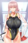  1girl bangs bare_shoulders black_swimsuit blurry blurry_background braid breasts clipboard collarbone covered_navel dress_shirt fate/grand_order fate_(series) florence_nightingale_(fate/grand_order) folded_ponytail gachou highleg highleg_swimsuit hips lanyard large_breasts long_hair looking_at_viewer megaphone one-piece_swimsuit open_clothes open_shirt parted_lips pen pink_hair shirt shirt_on_shoulders single_braid solo swimsuit thighs two-tone_swimsuit white_shirt yellow_swimsuit 