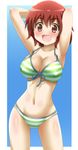  :d armpits arms_behind_head awa bikini blush breasts contrapposto cowboy_shot fang front-tie_top highres inokuma_youko kin-iro_mosaic large_breasts navel open_mouth red_eyes red_hair shiny shiny_skin short_hair sideboob smile solo standing strap_gap striped striped_bikini swimsuit thighs two-tone_background 