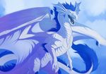  blue_hair cloud dragon feral hair hornedfreak male open_mouth outside scales sharp_teeth solo teeth tongue white_scales wings 