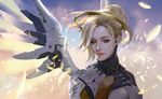  bangs black_gloves blonde_hair blue_eyes bodysuit breast_suppress breasts cloud eyelashes feathers floating_hair gloves glowing glowing_wings high_ponytail large_breasts long_hair looking_away looking_down mechanical_halo mechanical_wings mercy_(overwatch) overwatch parted_lips sae_(revirth) sky solo upper_body wind wings 