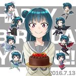  2016 aozora_jumping_heart birthday_cake black_dress blue_hair blush cake chibi dated dress elbow_gloves food gloves hair_bun happy_birthday hat highres kimi_no_kokoro_wa_kagayaiteru_kai? koi_ni_naritai_aquarium long_hair looking_at_viewer lourie love_live! love_live!_sunshine!! mini_hat multiple_views open_mouth purple_eyes school_uniform serafuku smile strawberry_trapper tsushima_yoshiko uranohoshi_school_uniform 