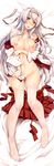  :d ass_visible_through_thighs blush bottomless breasts cleavage dakimakura full_body hairband highres kantai_collection large_breasts long_hair looking_at_viewer lying navel nipples no_shoes on_back open_clothes open_mouth ouma_tokiichi purple_eyes shoukaku_(kantai_collection) silver_hair skirt skirt_removed smile solo thighhighs white_legwear 
