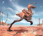  alien beak claws desert dinosaur eye_stalk hunting invalid_tag plant raptor running strane theropod water 