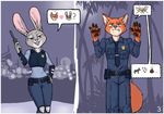  anthro canine clothing disney female fox fur gun judy_hopps lagomorph luraiokun male mammal nick_wilde orange_fur pictographics police_uniform rabbit ranged_weapon uniform weapon zootopia 