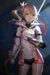  alisha_diphda armor brown_hair garter_straps gauntlets gloves green_eyes hair_ornament holding holding_weapon long_hair looking_at_viewer polearm shorts side_ponytail solo spear swd3e2 tales_of_(series) tales_of_zestiria weapon 