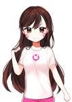  absurdres animal_print bad_id bad_pixiv_id bangs brown_eyes brown_hair bunny_print casual child cowboy_shot d.va_(overwatch) facepaint facial_mark hand_up highres long_hair looking_at_viewer ongyageum overwatch pink_shorts shirt short_sleeves shorts simple_background smile solo t-shirt whisker_markings white_shirt younger 