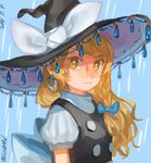  2016 bad_id bad_twitter_id blonde_hair blue_background braid closed_mouth dated earrings embellished_costume expressionless hat hat_ribbon highres jewelry kirisame_marisa long_hair looking_at_viewer puffy_sleeves ribbon shirt short_sleeves side_braid single_braid solo touhou turtleneck twitter_username upper_body vest witch_hat yai_(hachihito) yellow_eyes 