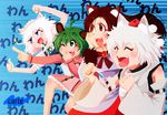  ahoge animal_ears arms_up artist_name background_text blue_background blue_eyes blush braid brown_hair carte closed_eyes detached_sleeves dog_ears dress fangs gaijin_4koma green_eyes green_hair hat highres imaizumi_kagerou inu_sakuya inubashiri_momiji izayoi_sakuya kasodani_kyouko long_hair long_sleeves looking_away maid_headdress meme multiple_girls one_eye_closed open_mouth parody pointing pom_pom_(clothes) puffy_sleeves red_eyes shirt short_hair short_sleeves smile tokin_hat touhou turtleneck twin_braids white_hair wide_sleeves wolf_ears 