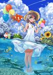  1girl air_bubble ankle_ribbon balloon barefoot bird blue_eyes breasts bubble cloud cloudy_sky cup day dress drinking_glass drinking_straw eyebrows fish flower flying_fish food fruit goldfish grey_hair hat highres holding jewelry looking_at_viewer necklace original popsicle rainys_bill ribbon shaved_ice short_hair sky sleeveless sleeveless_dress small_breasts solo standing star straw_hat sundress sunflower wading watch water watermelon watermelon_bar white_dress wristband wristwatch 