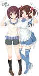  2girls :d bangs black_legwear blue_legwear breasts brown_hair collarbone dated dress eyebrows eyebrows_visible_through_hair frilled_dress frills hair_ornament hand_on_another's_hip high_heels highres impossible_clothes kneehighs large_breasts loafers long_hair looking_at_viewer mizuhara_hayari multiple_girls numenume_(powa-ogutyogutyo) open_mouth saki shizaki_aya shoes short_hair simple_background smile star strap sweat thighhighs twintails v white_background 