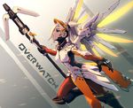  black_gloves black_legwear blonde_hair blue_eyes chingisu dress gloves holding long_hair mechanical_halo mechanical_wings mercy_(overwatch) overwatch pantyhose ponytail solo staff wings yellow_wings 