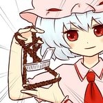  ascot batta_(ijigen_debris) blush doyagao food hat looking_at_viewer mob_cap nattou remilia_scarlet short_sleeves simple_background smug solo string_play_spider_baby touhou wrist_cuffs 