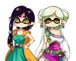  2girls alternate_costume aori_(splatoon) bad_id bad_pixiv_id bianca bianca_(cosplay) black_hair brown_eyes cosplay cowboy_shot dragon_quest dragon_quest_v dress earrings flora flora_(cosplay) grey_hair hands_on_hips hotaru_(splatoon) jewelry long_hair looking_at_viewer mole mole_under_eye multiple_girls short_hair smile splatoon_(series) splatoon_1 standing tentacle_hair white_background yuta_agc 