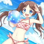  :d ass_visible_through_thighs ball beachball bikini blue_eyes brown_hair cloud day dutch_angle hair_bobbles hair_ornament long_hair monobeno navel ocean open_mouth salute sawai_natsuha scrunchie sky smile solo sunameri_(pixiv3564245) swimsuit transparent twintails water 